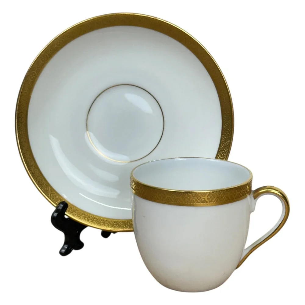 Vintage Victoria China‎ Czechoslovakia Cup Saucer Set White Gold Encrusted Trim